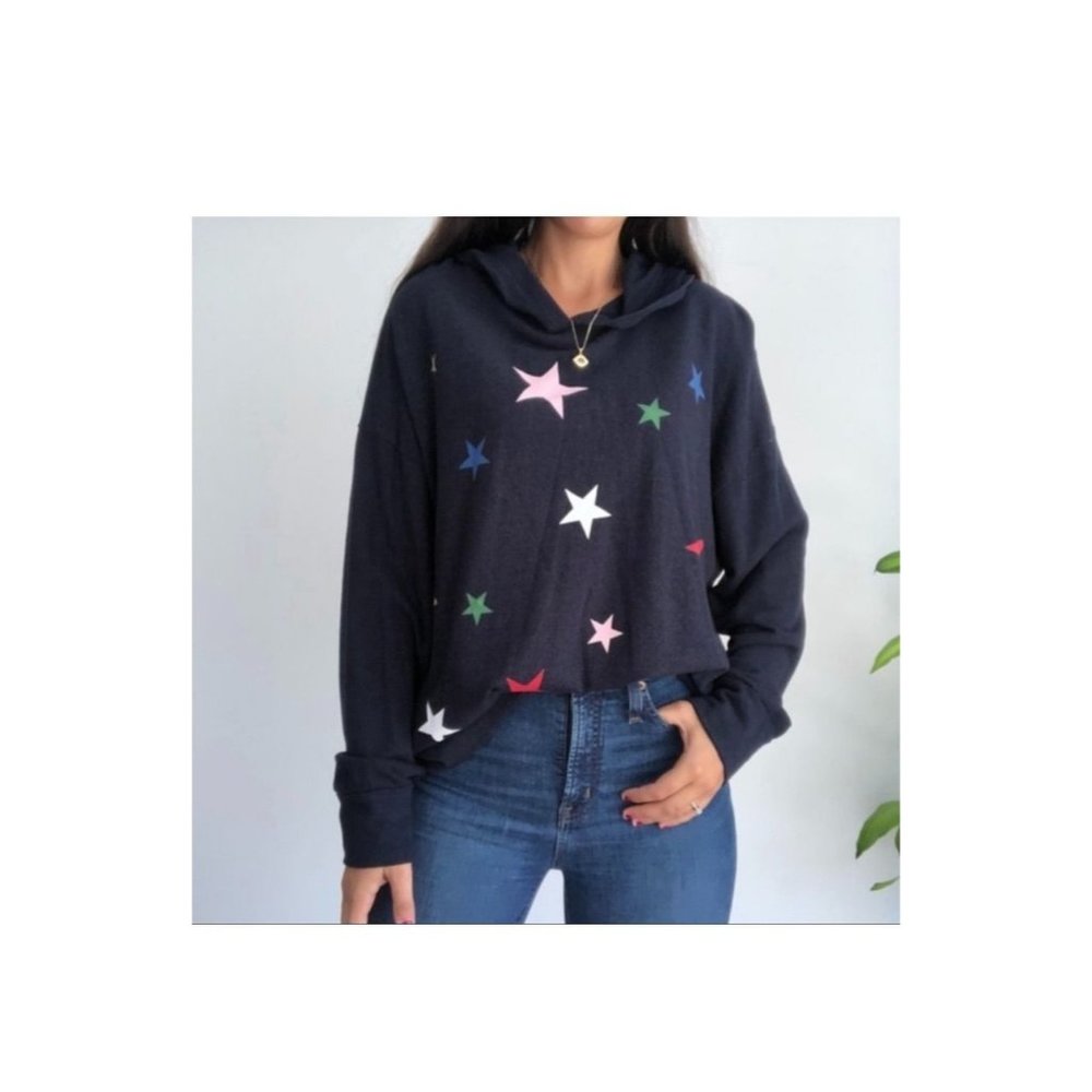Sundry women's 2 small 4-6 navy star print oversized hooded pullover knit casual